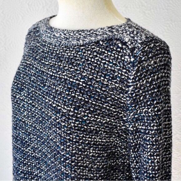 Ann Taylor Navy Blue Metallic Silver Sequin Boat Neck Fringed Knit Sweater - Picture 7 of 16